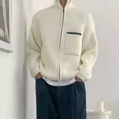 我是大卫 立领韩版时尚小众双拉链保暖针织衫 男女同款 米白色