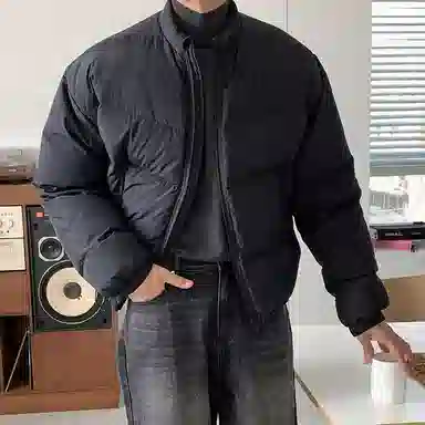 我是大卫 美式高街深立领加厚保暖宽松重工防寒棉服 男女同款 黑色