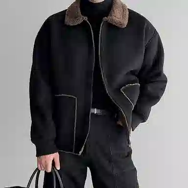 我是大卫 毛绒翻领纯色拼接美式高街复古加厚夹克外套 男女同款 黑色