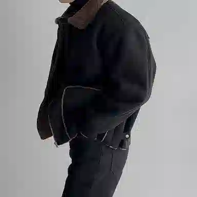 我是大卫 毛绒翻领纯色拼接美式高街复古加厚夹克外套 男女同款 黑色