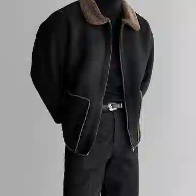 我是大卫 毛绒翻领纯色拼接美式高街复古加厚夹克外套 男女同款 黑色