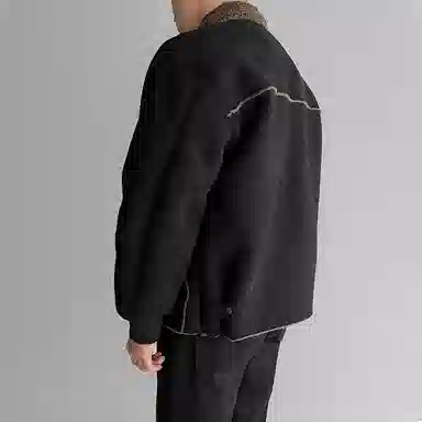 我是大卫 毛绒翻领纯色拼接美式高街复古加厚夹克外套 男女同款 黑色