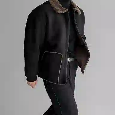 我是大卫 毛绒翻领纯色拼接美式高街复古加厚夹克外套 男女同款 黑色