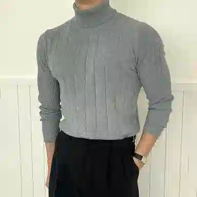 我是大卫 修身竖条纹打底韩系高领商务针织衫 男女同款