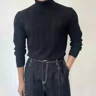 我是大卫 修身竖条纹打底韩系高领商务针织衫 男女同款