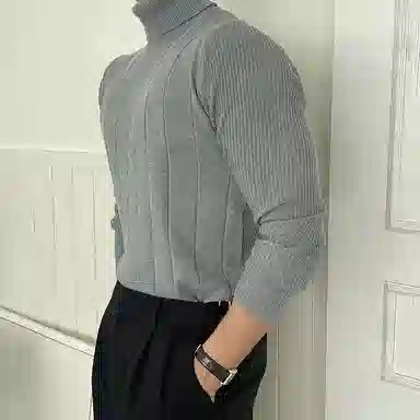 我是大卫 修身竖条纹打底韩系高领商务针织衫 男女同款