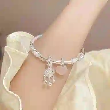 克拉日记 编织绳如意平安锁繁花似锦编织镀银女平安好运锁银镯子闭口小众设计高级首饰手饰礼盒装 琉璃 手镯 女款