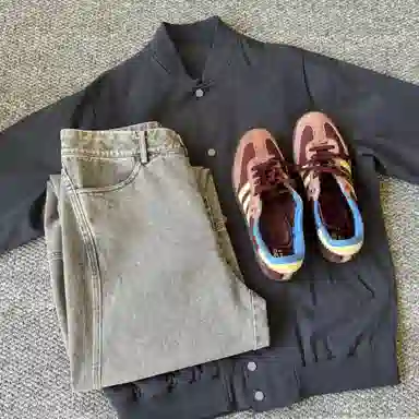 快鱼 棒球领宽松纯色长袖简约基础款上衣外套潮流休闲百搭学院风美式复古高街酷帅飞行员夹克 男女同款