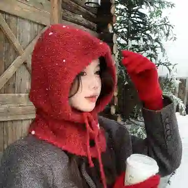 优幽兰 韩版高级感显脸小加厚针织帽冬季休闲百搭纯色保暖套头帽潮流时尚学生防寒防风巴拉克拉法帽素颜遮脸 腈纶 斗篷帽 女款