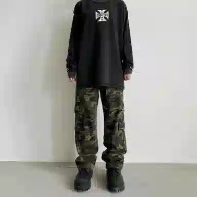 False Perception Distressed Cross Logo Long Sleeve Pullover Black