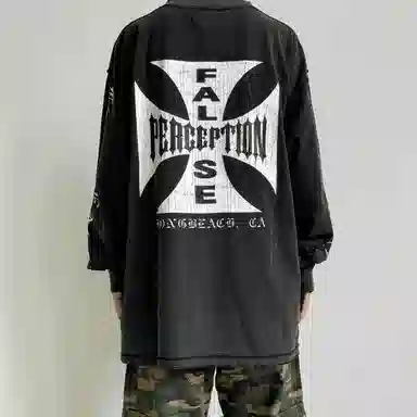 False Perception Distressed Cross Logo Long Sleeve Pullover Black