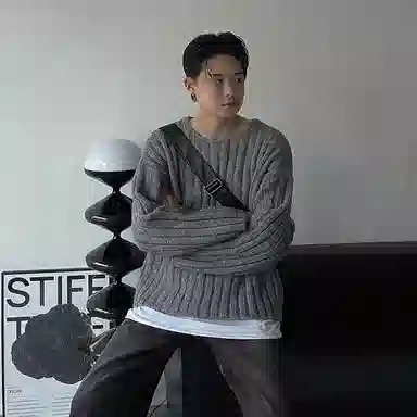 我是大卫 慵懒条纹圆领套头保暖针织衫 男女同款