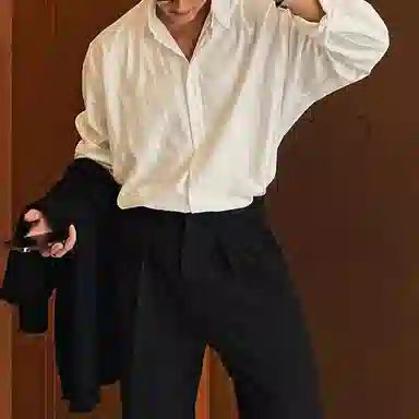 我是大卫 条纹韩系港风商务休闲免烫长袖衬衫 男女同款 灰杏色