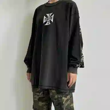 False Perception Distressed Cross Logo Long Sleeve Pullover Black