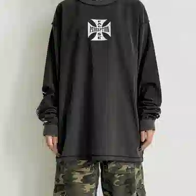 False Perception Distressed Cross Logo Long Sleeve Pullover Black