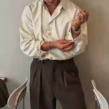 我是大卫 条纹韩系港风商务休闲免烫长袖衬衫 男女同款 灰杏色