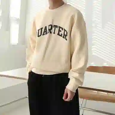 我是大卫 美式重磅字母印花慵懒风宽松圆领套头卫衣 男女同款 米白色