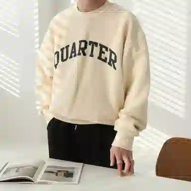 我是大卫 美式重磅字母印花慵懒风宽松圆领套头卫衣 男女同款 米白色