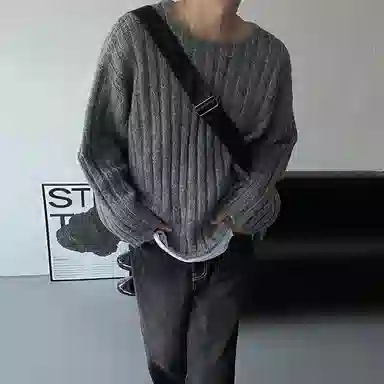 我是大卫 慵懒条纹圆领套头保暖针织衫 男女同款