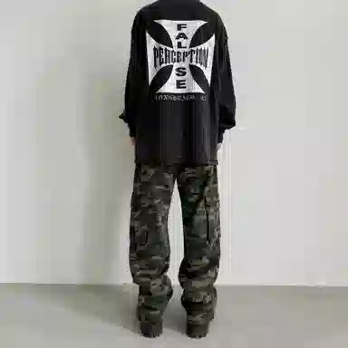 False Perception Distressed Cross Logo Long Sleeve Pullover Black