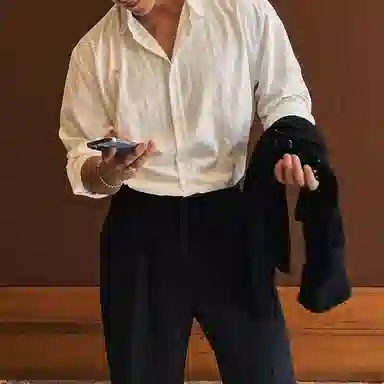 我是大卫 条纹韩系港风商务休闲免烫长袖衬衫 男女同款 灰杏色