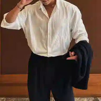 我是大卫 条纹韩系港风商务休闲免烫长袖衬衫 男女同款 灰杏色