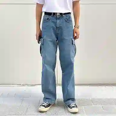 我是大卫 美式复古大口袋设计感休闲直筒宽松阔腿裤牛仔裤 男女同款 蓝色