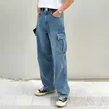 我是大卫 美式复古大口袋设计感休闲直筒宽松阔腿裤牛仔裤 男女同款 蓝色
