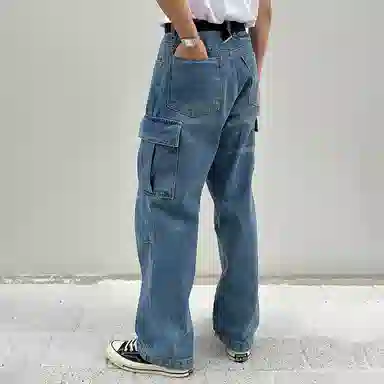 我是大卫 美式复古大口袋设计感休闲直筒宽松阔腿裤牛仔裤 男女同款 蓝色