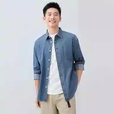 佐丹奴 纯棉撞色明线假袋牛仔长袖衬衫 男款