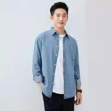 佐丹奴 纯棉撞色明线假袋牛仔长袖衬衫 男款