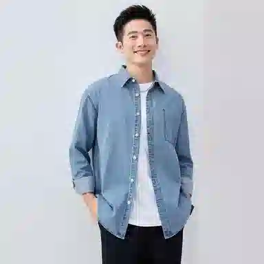 佐丹奴 纯棉撞色明线假袋牛仔长袖衬衫 男款