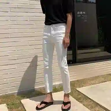 我是大卫 休闲时尚修身九分裤韩版潮牌简约百搭牛仔裤 男女同款 白色