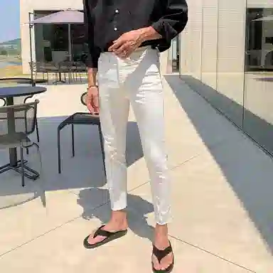 我是大卫 休闲时尚修身九分裤韩版潮牌简约百搭牛仔裤 男女同款 白色