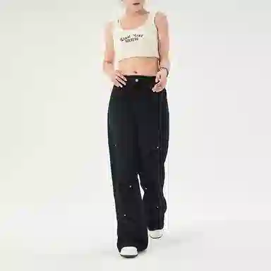 八哥 美式基础款水洗做旧废土风修身纯色直筒百搭弹力薄款牛仔裤 男女同款 黑色