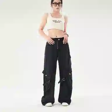 八哥 美式高街基础款水洗做旧废土风修身纯色直筒阔腿微喇百搭弹力黄泥染薄款软牛仔裤 男女同款 黑色