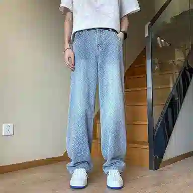 玉儿恋 美式高街风小众提花宽松水洗牛仔裤 男款