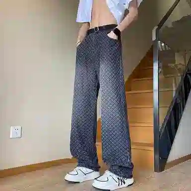 玉儿恋 美式高街风小众提花宽松水洗牛仔裤 男款