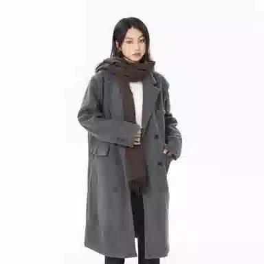 美式复古基础款纯色宽松通勤百搭落肩舒适中长款纯色大口袋双排扣西装领韩版厚款休闲直筒长款大衣 男女同款