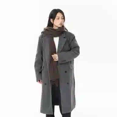 美式复古基础款纯色宽松通勤百搭落肩舒适中长款纯色大口袋双排扣西装领韩版厚款休闲直筒长款大衣 男女同款