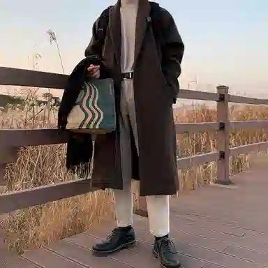 毛呢中长款加厚宽松韩版潮流百搭英伦风纯色过膝大衣 男女同款