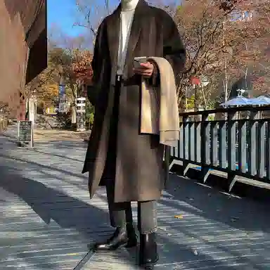 毛呢中长款加厚宽松韩版潮流百搭英伦风纯色过膝大衣 男女同款