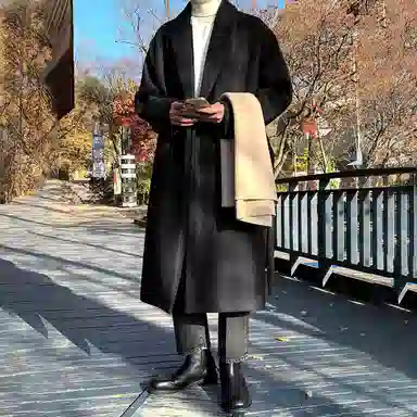 毛呢中长款加厚宽松韩版潮流百搭英伦风纯色过膝大衣 男女同款