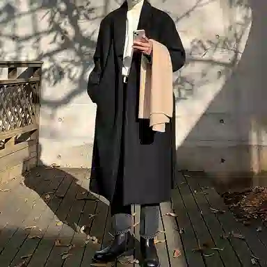 毛呢中长款加厚宽松韩版潮流百搭英伦风纯色过膝大衣 男女同款