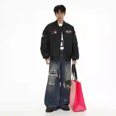 冰飞 美式复古高街百搭舒适设计感印花时尚休闲宽松重磅工装飞行服夹克外套 男女同款