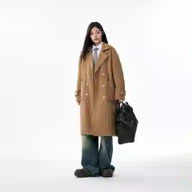 美式复古学院风中长款毛呢保暖纯色直筒厚款休闲外套长袖大衣 男女同款