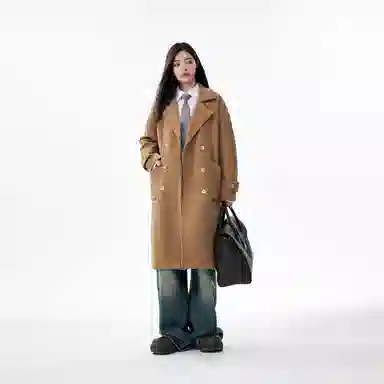 美式复古学院风中长款毛呢保暖纯色直筒厚款休闲外套长袖大衣 男女同款