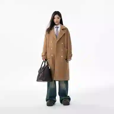 美式复古学院风中长款毛呢保暖纯色直筒厚款休闲外套长袖大衣 男女同款