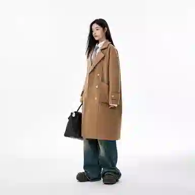 美式复古学院风中长款毛呢保暖纯色直筒厚款休闲外套长袖大衣 男女同款