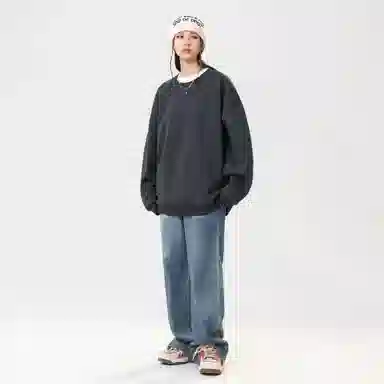 冰飞 美式嘻哈学院风基础简约纯色休闲宽松落肩学生上衣舒适打底圆领套头卫衣 男女同款